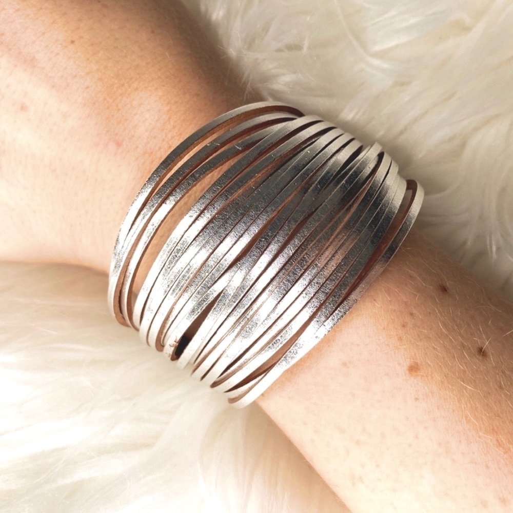 Genuine Leather Strappy Silver Boho Western Wrap Bracelet Cowgirl Jewelry Boho